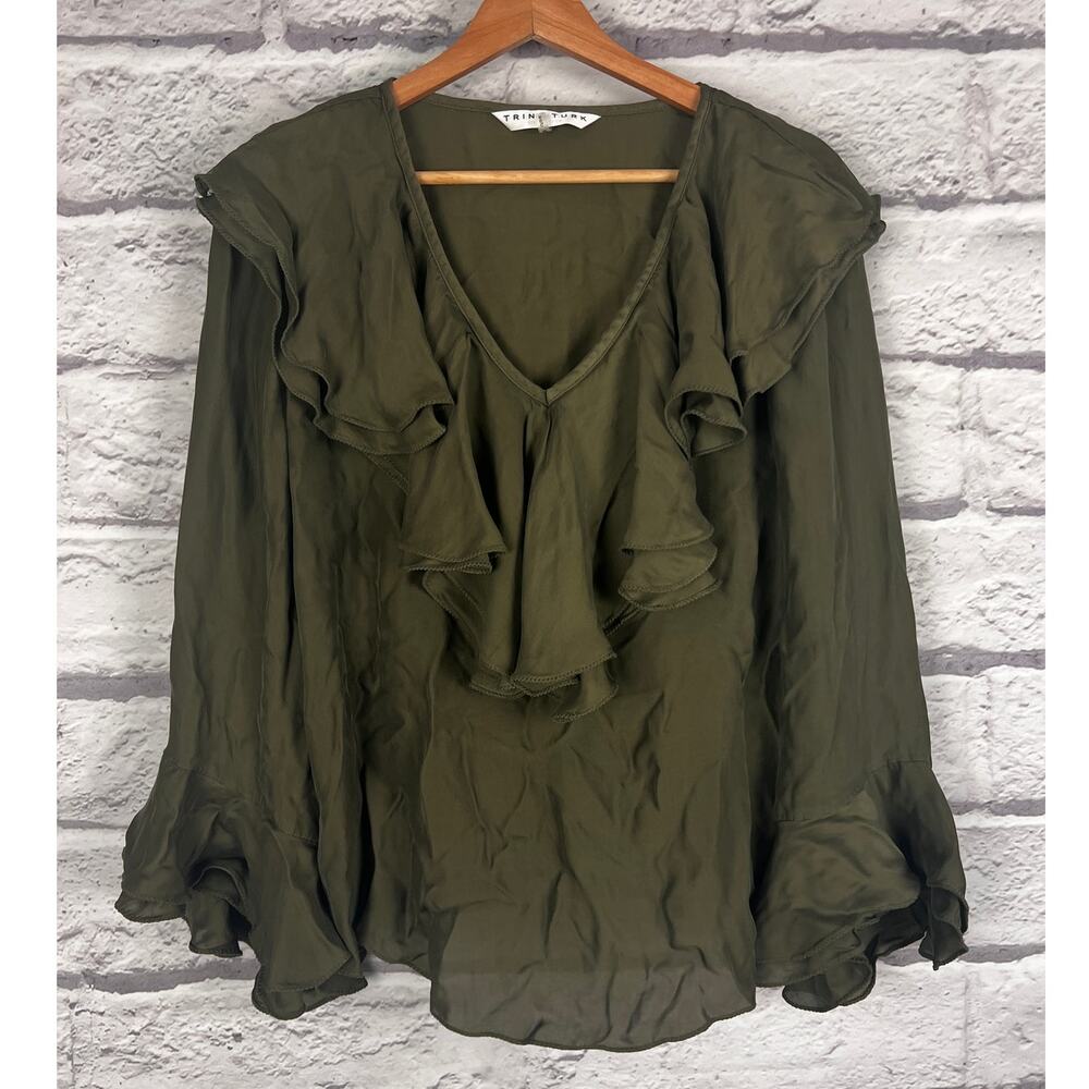TRINA TURK Women's M Green V-Neck Long Sleeve Ruffle Semi-Sheer Blouse Fancy Top - Picture 9 of 9